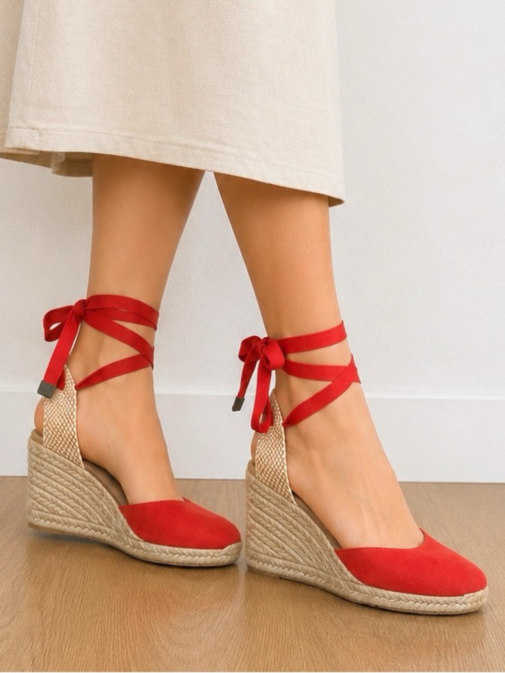 Boden Cassie Red Suede Lace Up Espadrille Wedge Sandals EU 38 Spain